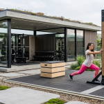 Person exercising outdoors by modern home gym with glass walls and gym equipment, wearing pink leggings and white top