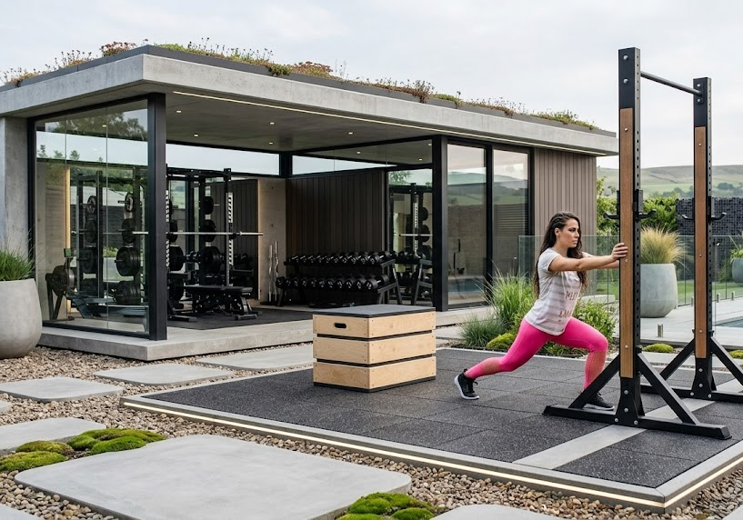 Person exercising outdoors by modern home gym with glass walls and gym equipment, wearing pink leggings and white top